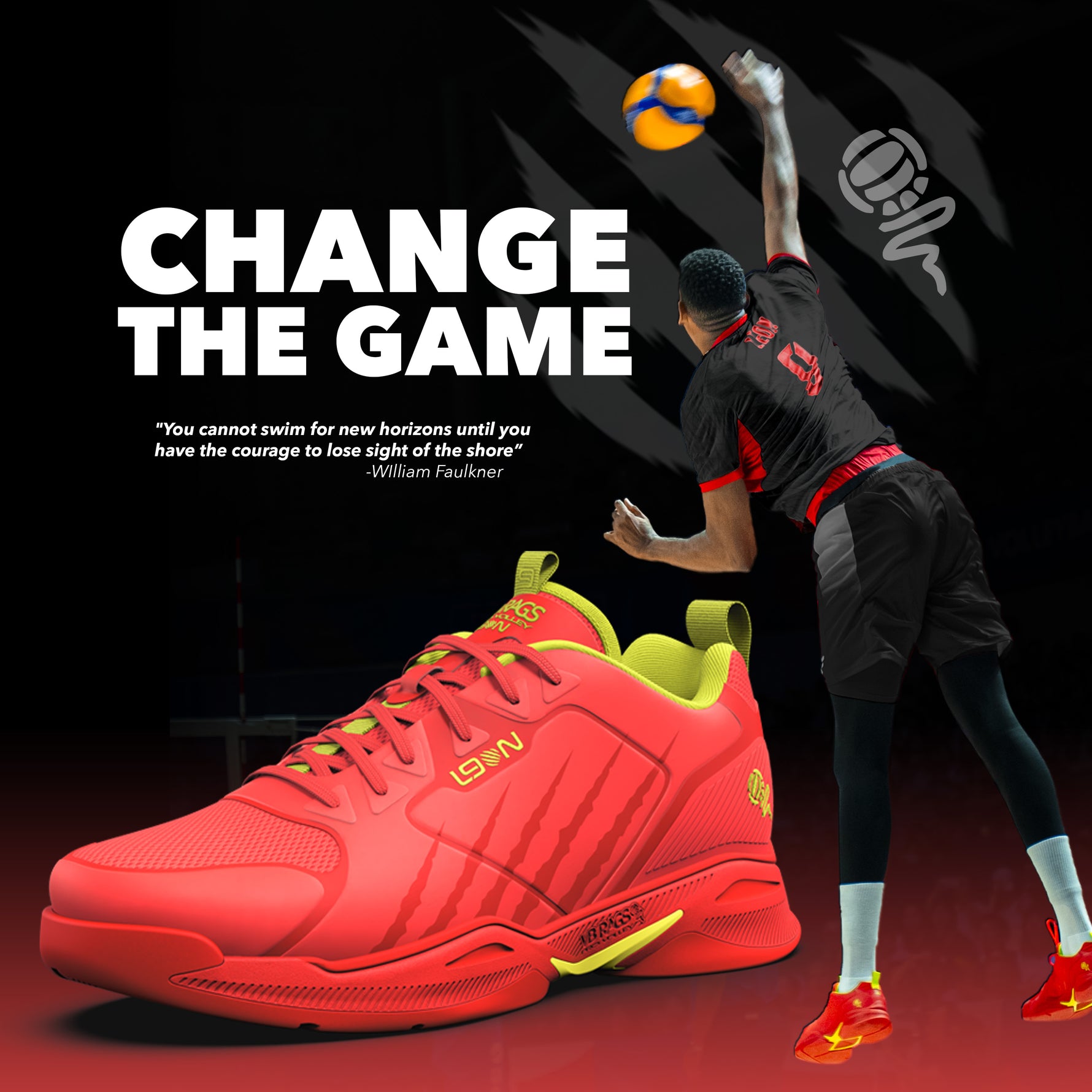 Red sports shoe with yellow accents on a black background featuring a volleyball player.