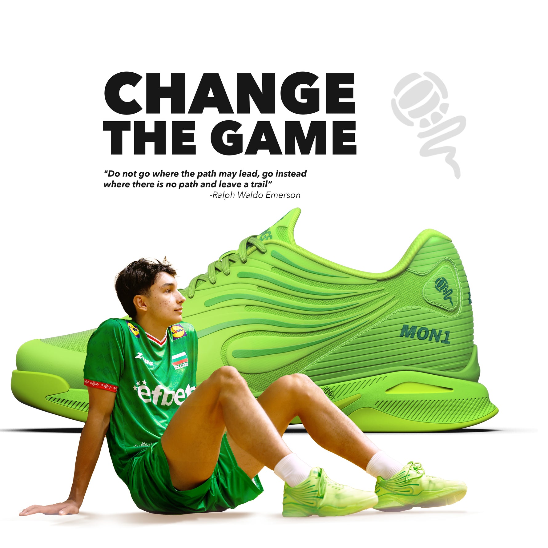 Person wearing green sports shoes and outfit with a large green shoe and motivational text on a white background