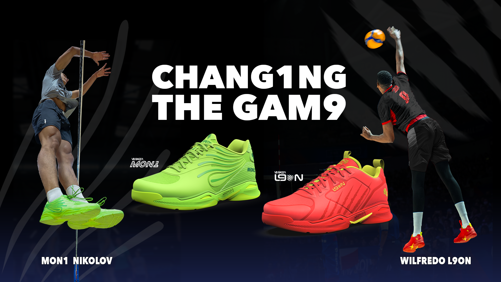 Two pairs of sports shoes in green and red with text 'CHANG1NG THE GAM9' on a dark background.