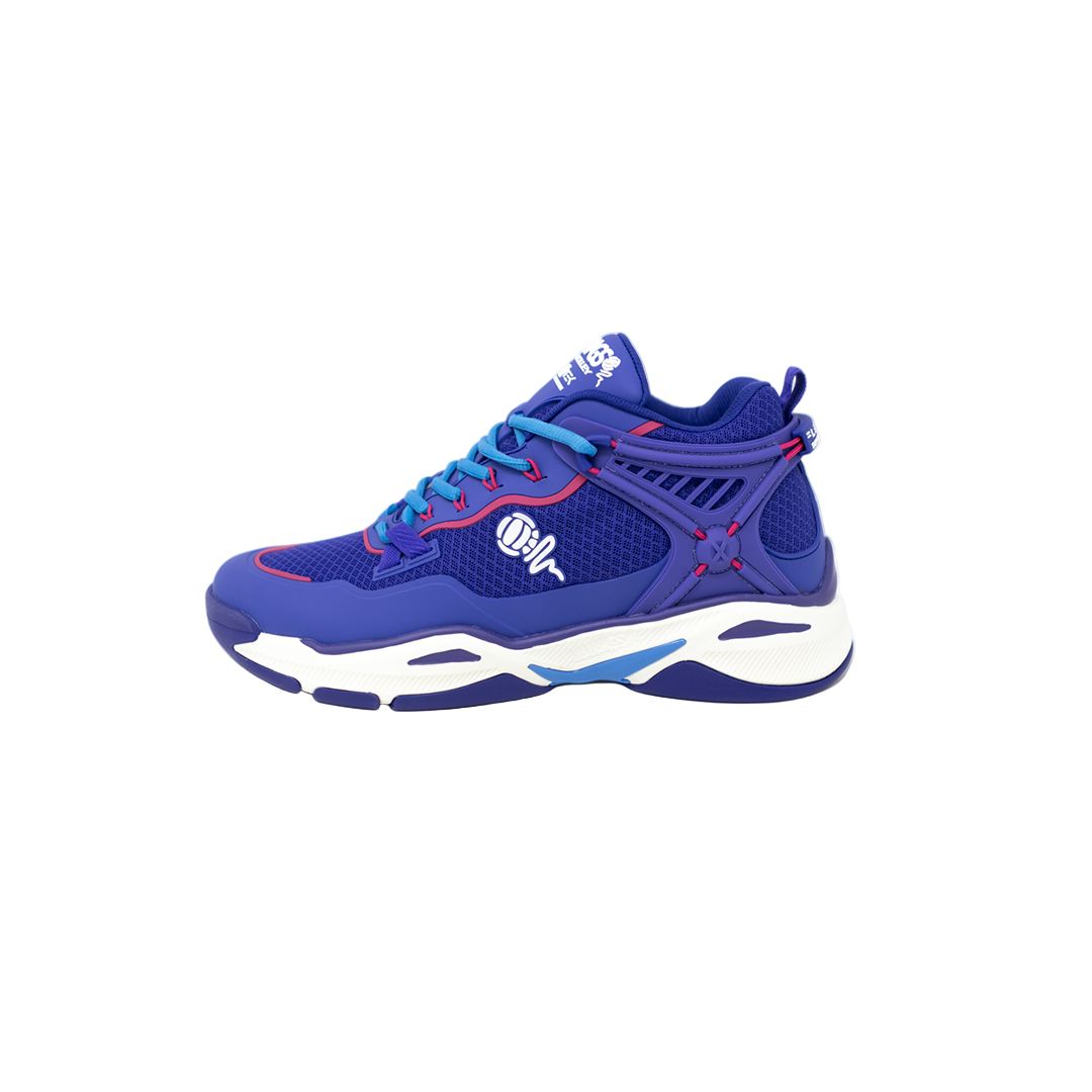 A pair of blue and white high-top volleyball shoes with red accents and a distinctive design on the sole.