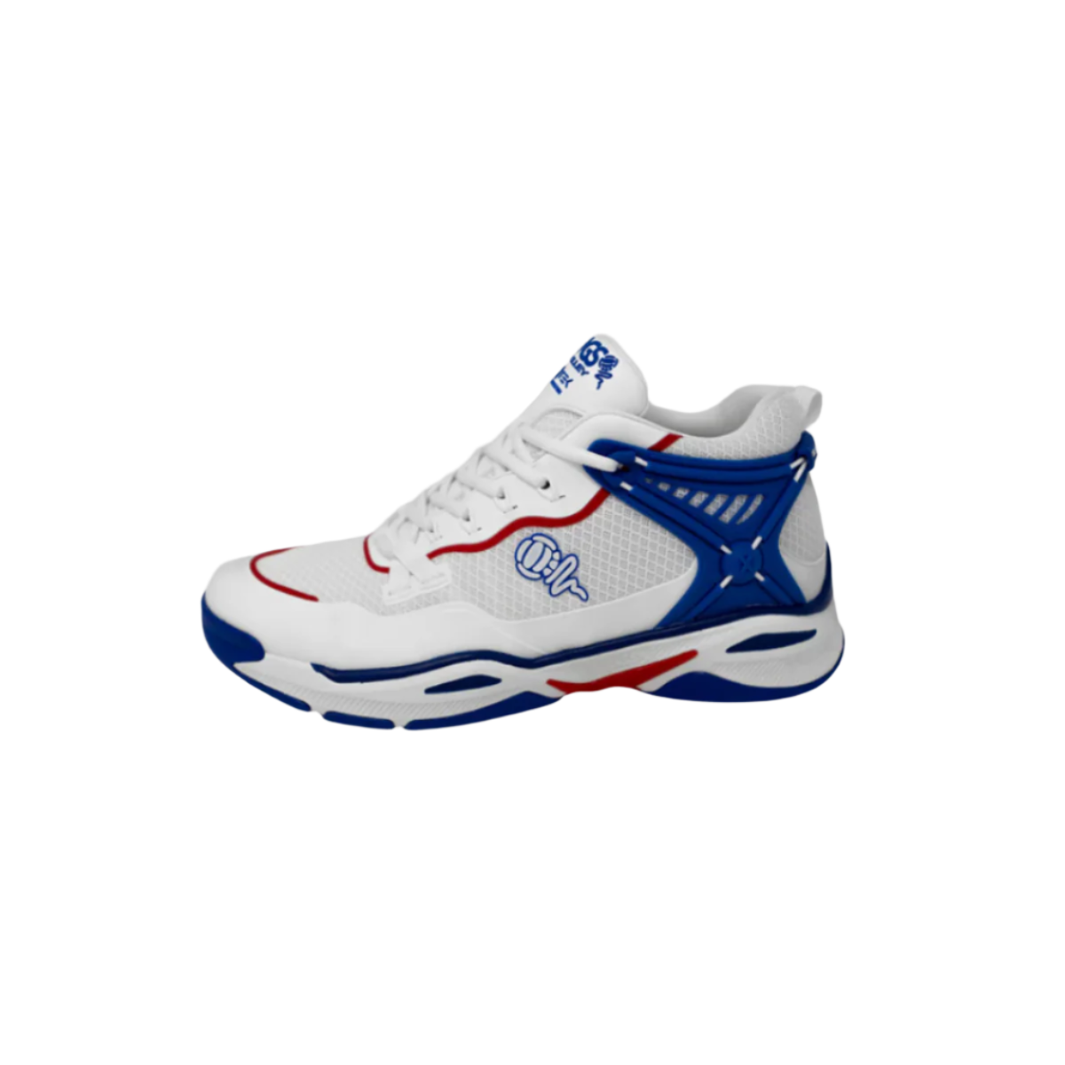 A white mid-top volleyball shoe with blue and red accents, featuring a unique lacing system and ankle support.
